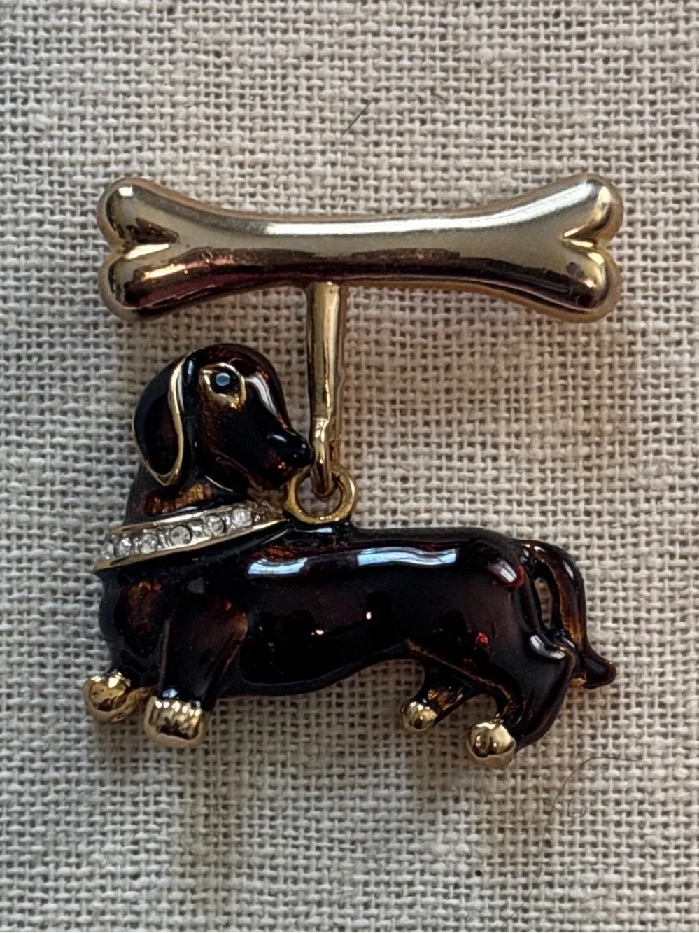 Gold-tone Enamel Rhinestone Collar Dachshund With Bone Brooch